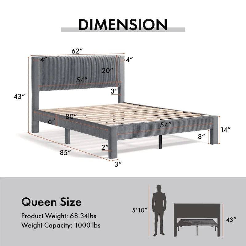 Furniture of America Alyssa Modern Velvet Upholstered Platform Bed with Channel Headboard and Wooden Slats