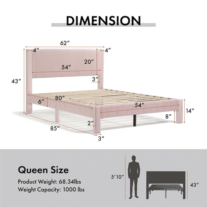 Furniture of America Alyssa Modern Velvet Upholstered Platform Bed with Channel Headboard and Wooden Slats