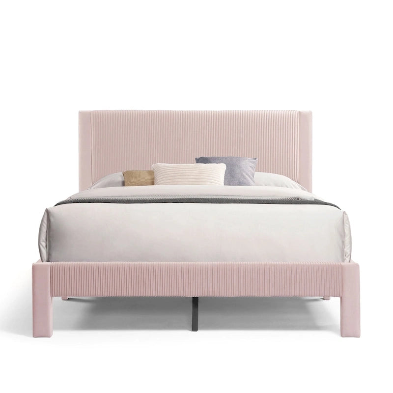 Furniture of America Alyssa Modern Velvet Upholstered Platform Bed with Channel Headboard and Wooden Slats