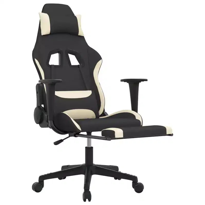 vidaXL Sedia da gaming massaggiante con poggiapiedi, nera e crema, in tessuto