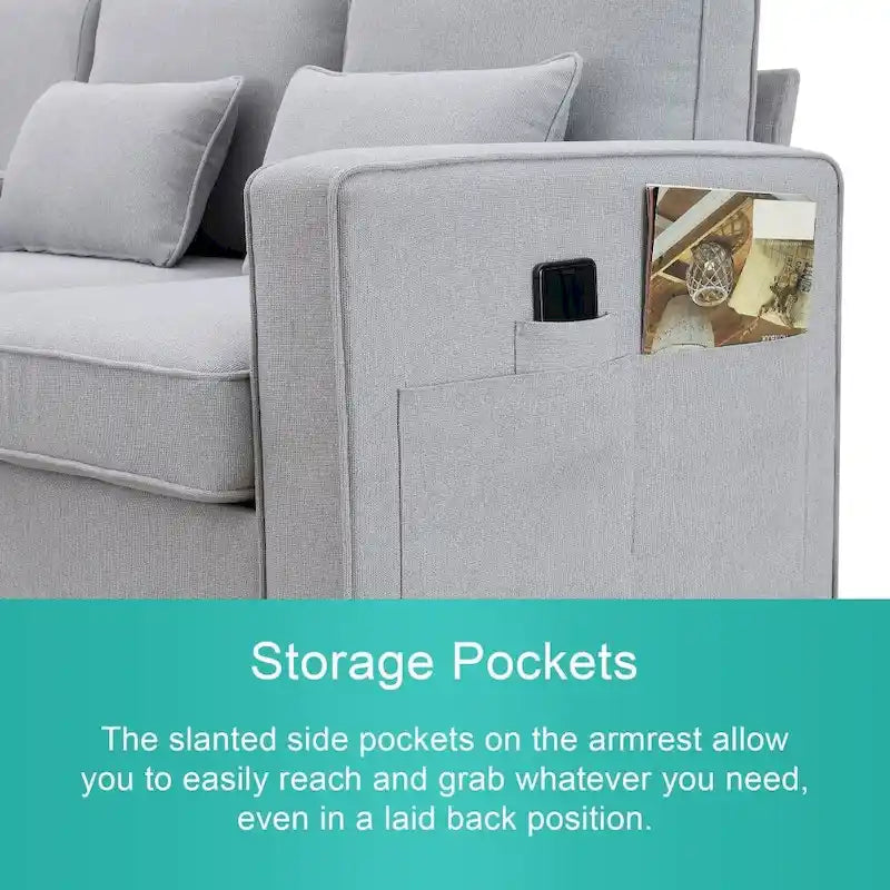 104 4-Seater Modern Linen Fabric Sofa with Armrest Pockets and 4 Pillows