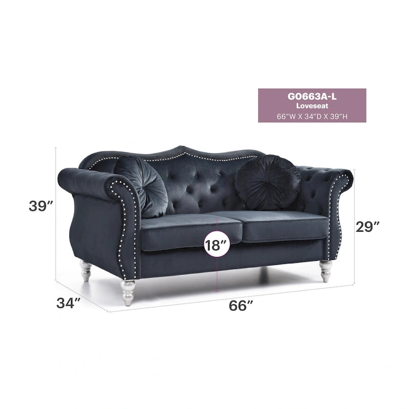 Divanetto Chesterfield Hollywood in velluto da 172 cm con 2 cuscini decorativi - 172L x 89W x 86H cm