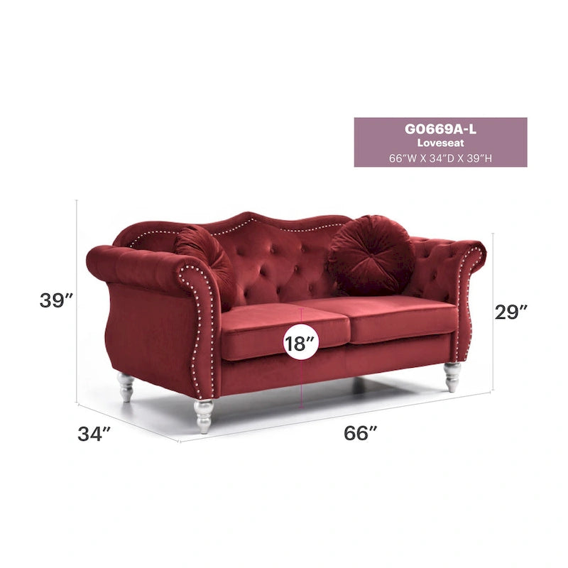 Divanetto Chesterfield Hollywood in velluto da 172 cm con 2 cuscini decorativi - 172L x 89W x 86H cm
