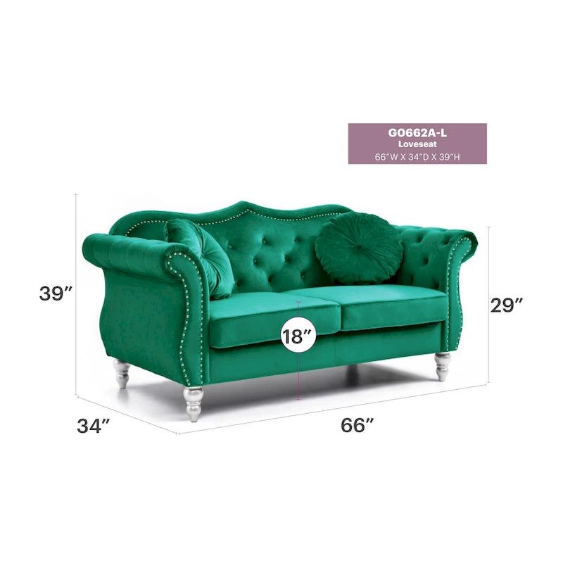 Divanetto Chesterfield Hollywood in velluto da 172 cm con 2 cuscini decorativi - 172L x 89W x 86H cm