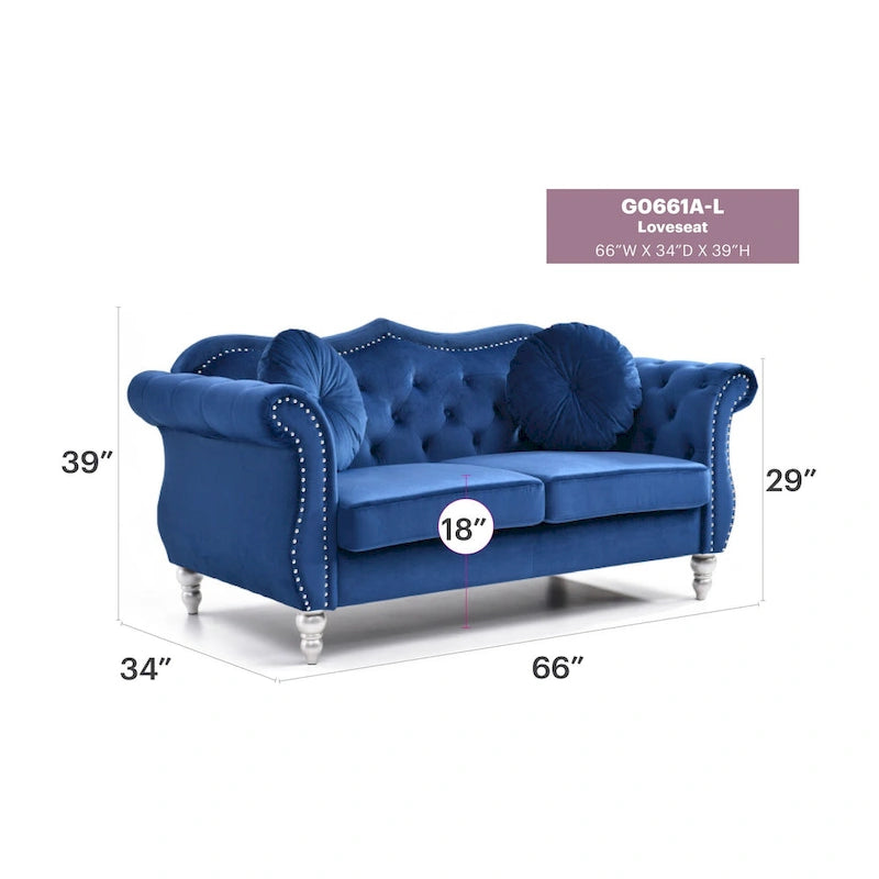 Divanetto Chesterfield Hollywood in velluto da 172 cm con 2 cuscini decorativi - 172L x 89W x 86H cm