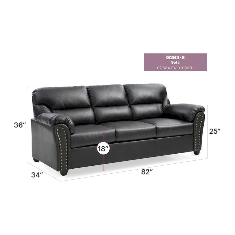 Olney W Flared Arm Faux Leather Straight Sofa in Black