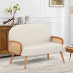 Divanetto Sofà Piccolo Divano per Soggiorno, Mini Divano Loveseat in Similpelle con Bracciolo in Rattan Naturale e Gambe in Legno Massello