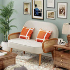 Divanetto Sofà Piccolo Divano per Soggiorno, Mini Divano Loveseat in Similpelle con Bracciolo in Rattan Naturale e Gambe in Legno Massello