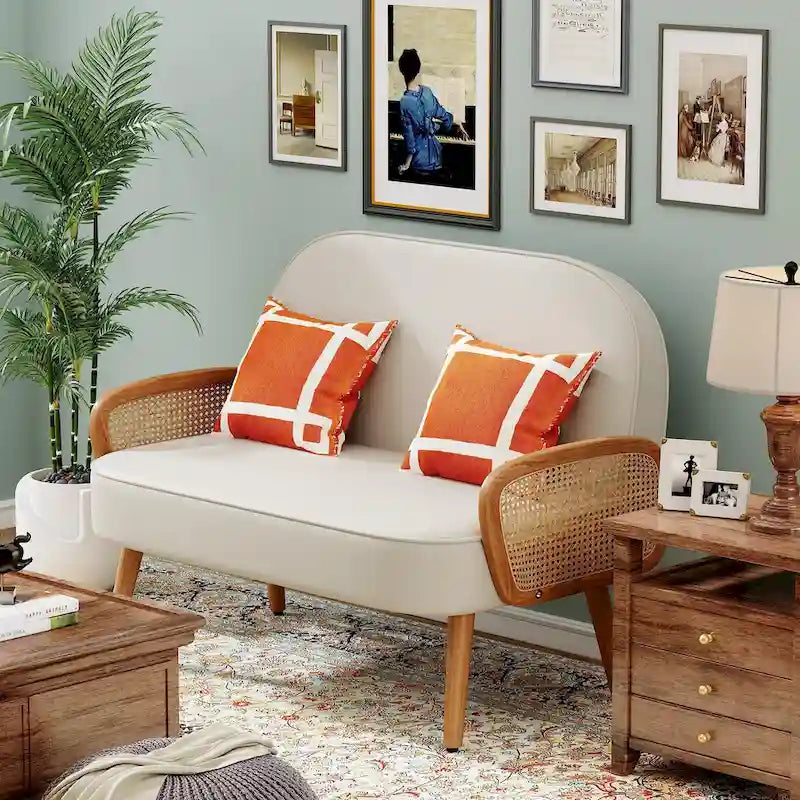 Divanetto Sofà Piccolo Divano per Soggiorno, Mini Divano Loveseat in Similpelle con Bracciolo in Rattan Naturale e Gambe in Legno Massello