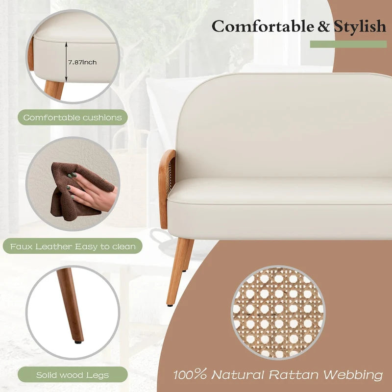 Divanetto Sofà Piccolo Divano per Soggiorno, Mini Divano Loveseat in Similpelle con Bracciolo in Rattan Naturale e Gambe in Legno Massello