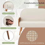 Divanetto Sofà Piccolo Divano per Soggiorno, Mini Divano Loveseat in Similpelle con Bracciolo in Rattan Naturale e Gambe in Legno Massello