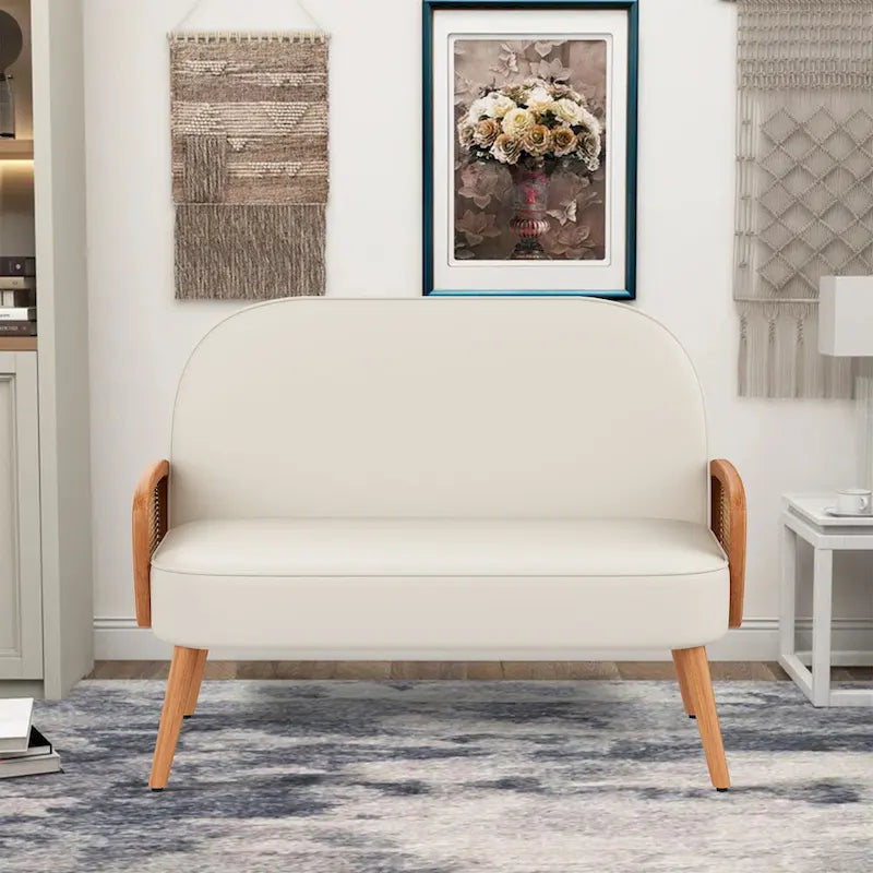 Divanetto Sofà Piccolo Divano per Soggiorno, Mini Divano Loveseat in Similpelle con Bracciolo in Rattan Naturale e Gambe in Legno Massello