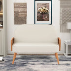 Divanetto Sofà Piccolo Divano per Soggiorno, Mini Divano Loveseat in Similpelle con Bracciolo in Rattan Naturale e Gambe in Legno Massello