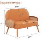 Divanetto Sofà Piccolo Divano per Soggiorno, Mini Divano Loveseat in Similpelle con Bracciolo in Rattan Naturale e Gambe in Legno Massello