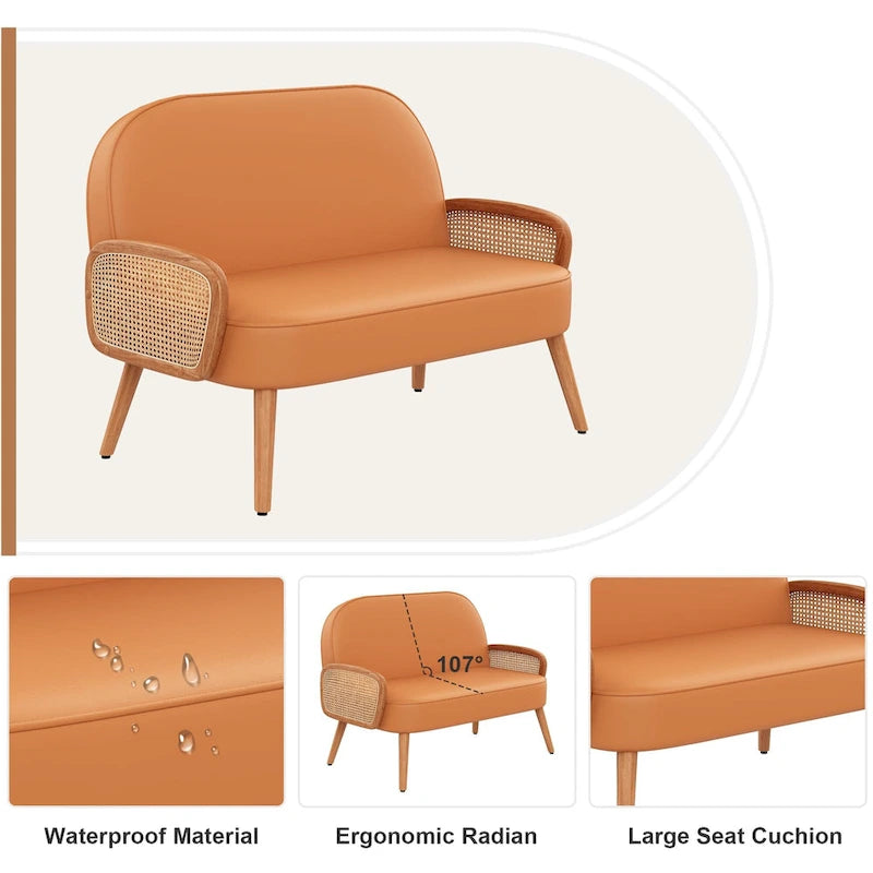 Divanetto Sofà Piccolo Divano per Soggiorno, Mini Divano Loveseat in Similpelle con Bracciolo in Rattan Naturale e Gambe in Legno Massello