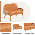 Divanetto Sofà Piccolo Divano per Soggiorno, Mini Divano Loveseat in Similpelle con Bracciolo in Rattan Naturale e Gambe in Legno Massello