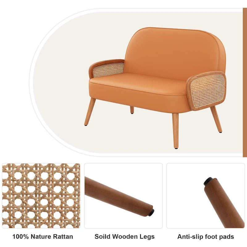 Divanetto Sofà Piccolo Divano per Soggiorno, Mini Divano Loveseat in Similpelle con Bracciolo in Rattan Naturale e Gambe in Legno Massello