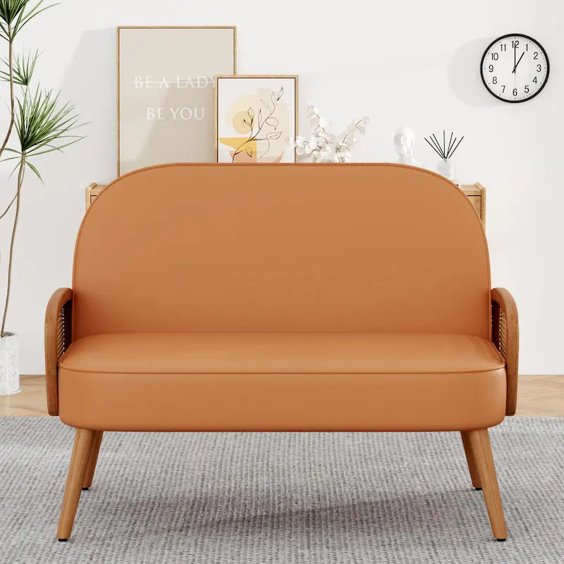 Divanetto Sofà Piccolo Divano per Soggiorno, Mini Divano Loveseat in Similpelle con Bracciolo in Rattan Naturale e Gambe in Legno Massello