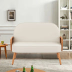 Divanetto Sofà Piccolo Divano per Soggiorno, Mini Divano Loveseat in Similpelle con Bracciolo in Rattan Naturale e Gambe in Legno Massello