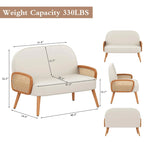 Divanetto Sofà Piccolo Divano per Soggiorno, Mini Divano Loveseat in Similpelle con Bracciolo in Rattan Naturale e Gambe in Legno Massello
