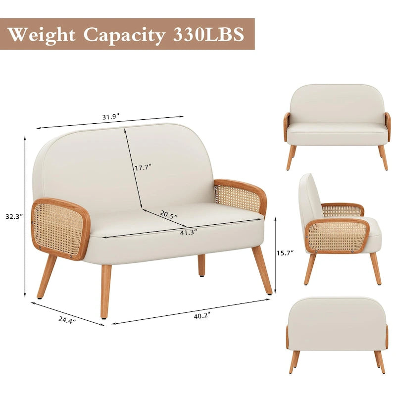 Divanetto Sofà Piccolo Divano per Soggiorno, Mini Divano Loveseat in Similpelle con Bracciolo in Rattan Naturale e Gambe in Legno Massello