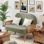 Divanetto Sofà Piccolo Divano per Soggiorno, Mini Divano Loveseat in Similpelle con Bracciolo in Rattan Naturale e Gambe in Legno Massello