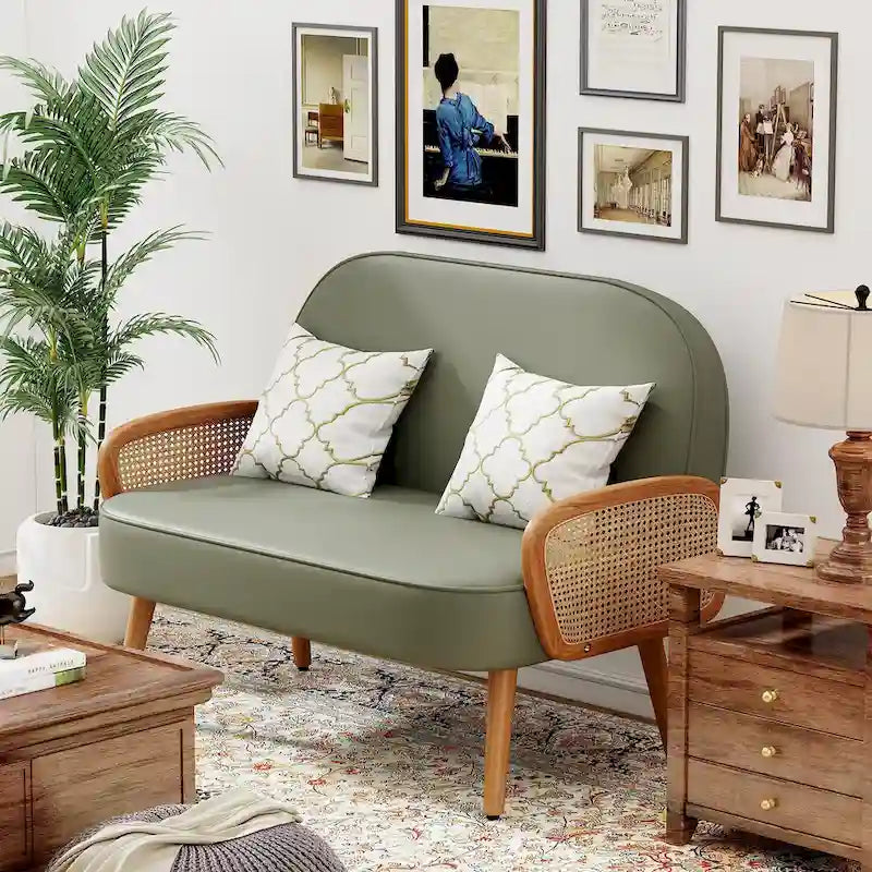 Divanetto Sofà Piccolo Divano per Soggiorno, Mini Divano Loveseat in Similpelle con Bracciolo in Rattan Naturale e Gambe in Legno Massello