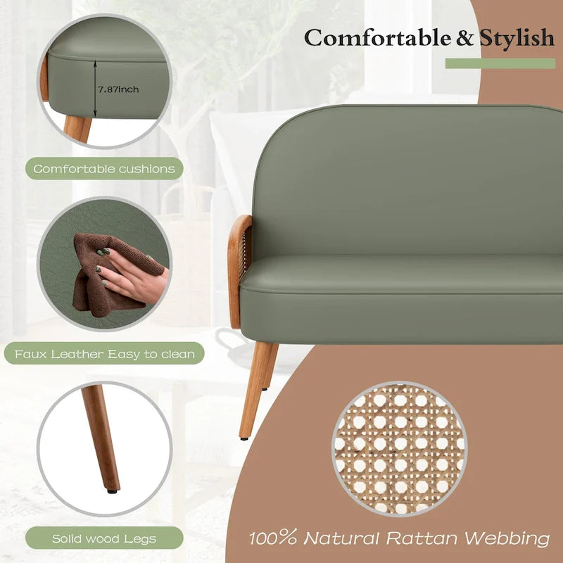 Divanetto Sofà Piccolo Divano per Soggiorno, Mini Divano Loveseat in Similpelle con Bracciolo in Rattan Naturale e Gambe in Legno Massello