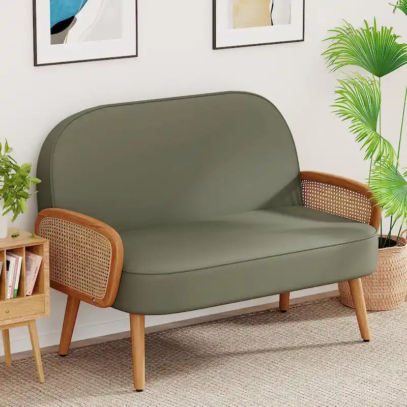 Divanetto Sofà Piccolo Divano per Soggiorno, Mini Divano Loveseat in Similpelle con Bracciolo in Rattan Naturale e Gambe in Legno Massello