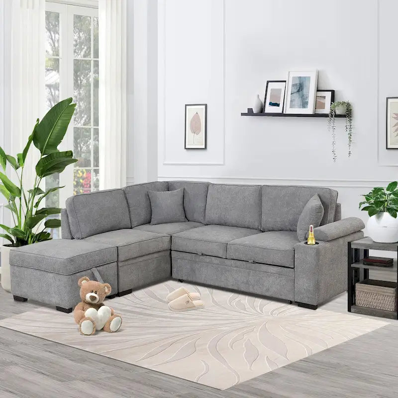Divano letto estraibile 2 in 1 Nestfair a L con pouf contenitore