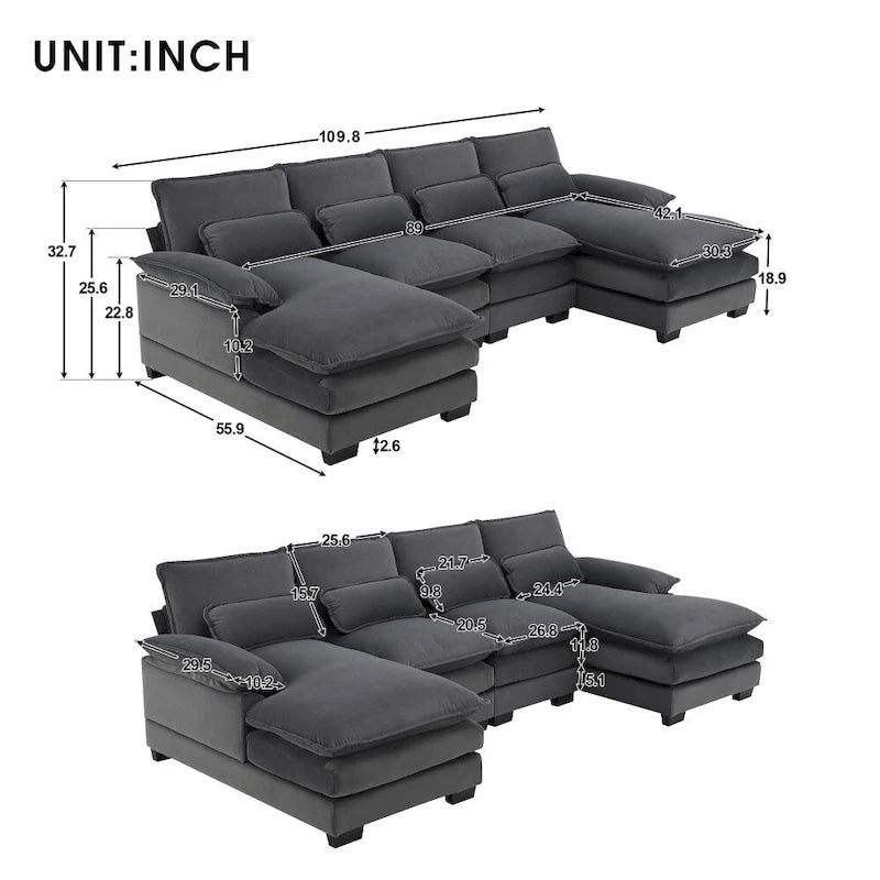Divano sezionale moderno a U con cuscini lombariDivano letto con chaise longue