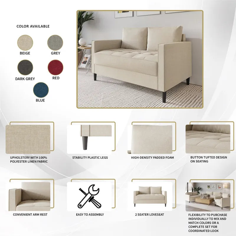 CraftPorch Contemporary Minimalist Linen Upholstered 3-Piece Living Room Set