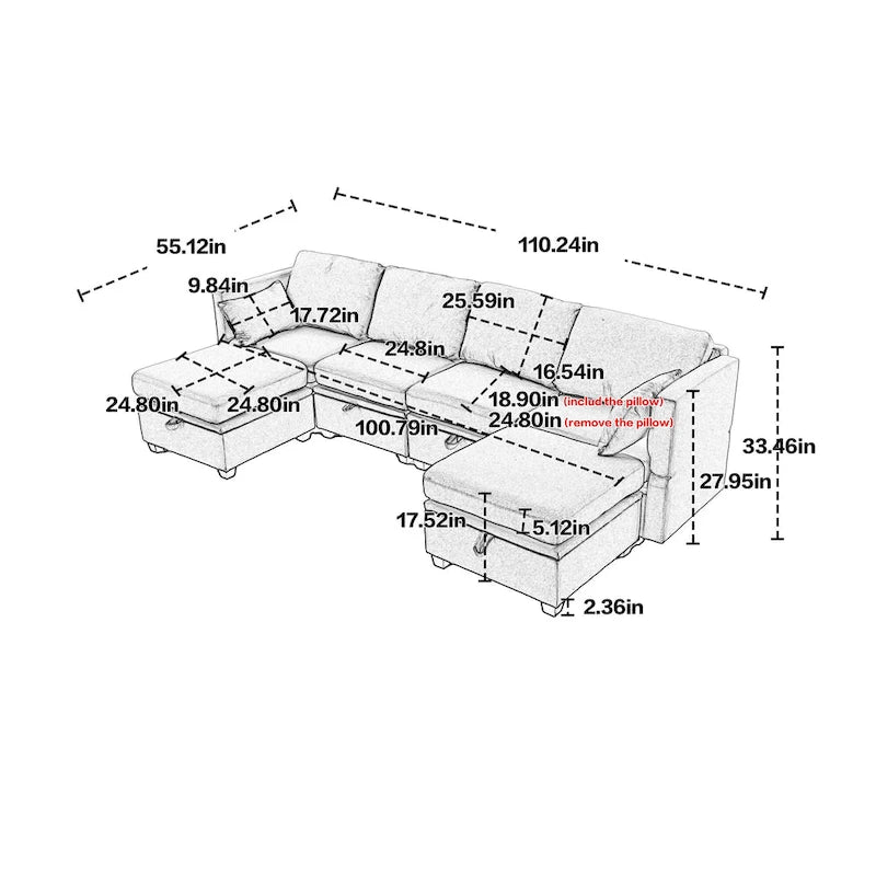 Modular U-shaped adjustable sectional sofa with reversible chains and storage seats