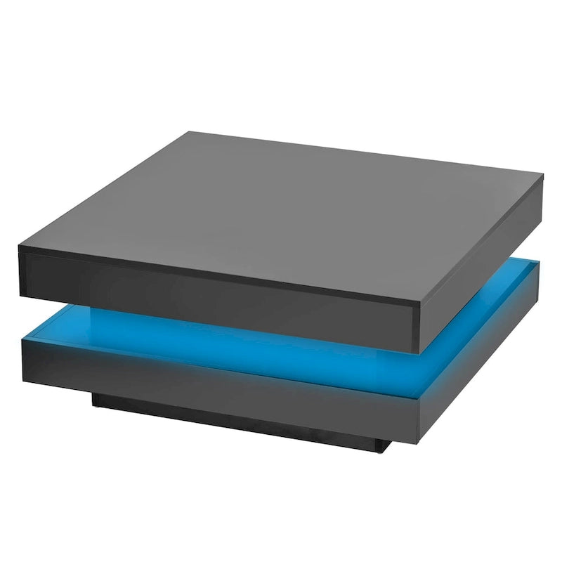 High Gloss Minimalist Design 2-Tier Square Coffee Table with Plug-in 16-color LED Lights Center Table for Living Room