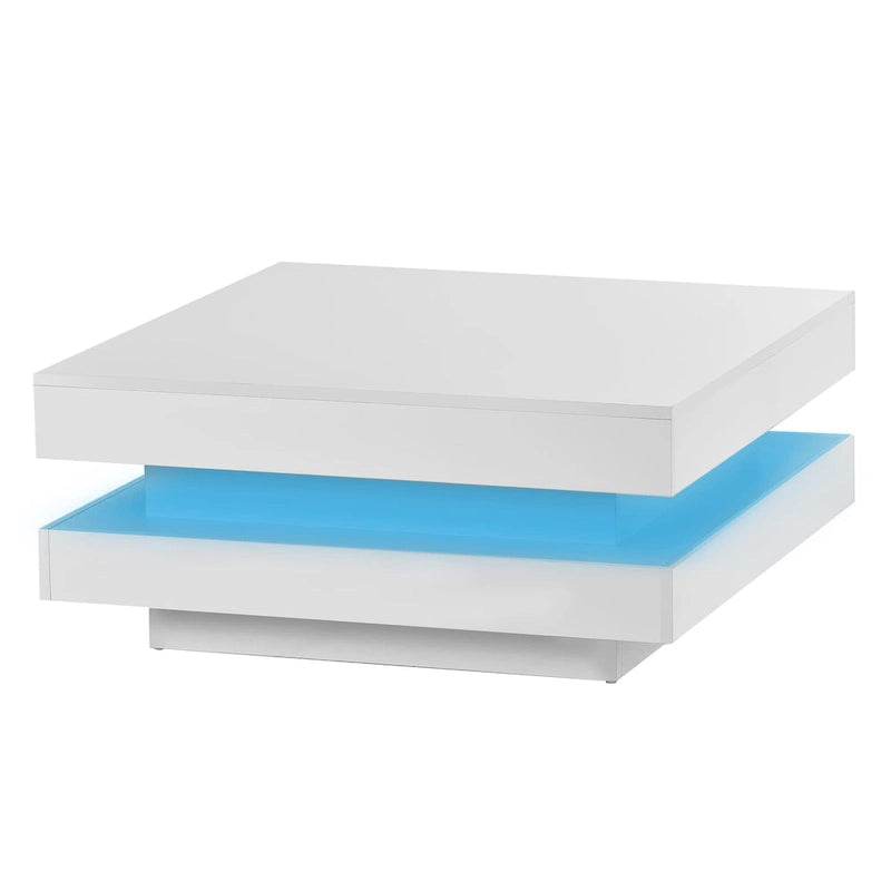 High Gloss Minimalist Design 2-Tier Square Coffee Table with Plug-in 16-color LED Lights Center Table for Living Room