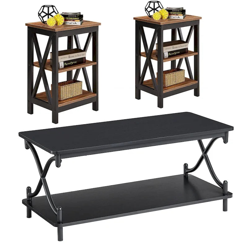 Javlergo Modern 3 Piece Coffee Table Set for Living Room Include Wood Coffee Table and End Table Set of 2