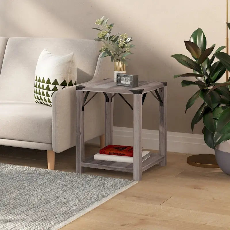 2-Tier Side Table with Metal Side Braces and Corner Caps
