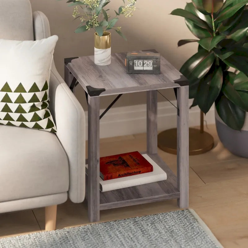 2-Tier Side Table with Metal Side Braces and Corner Caps