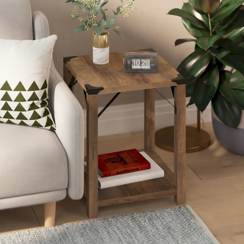 2-Tier Side Table with Metal Side Braces and Corner Caps