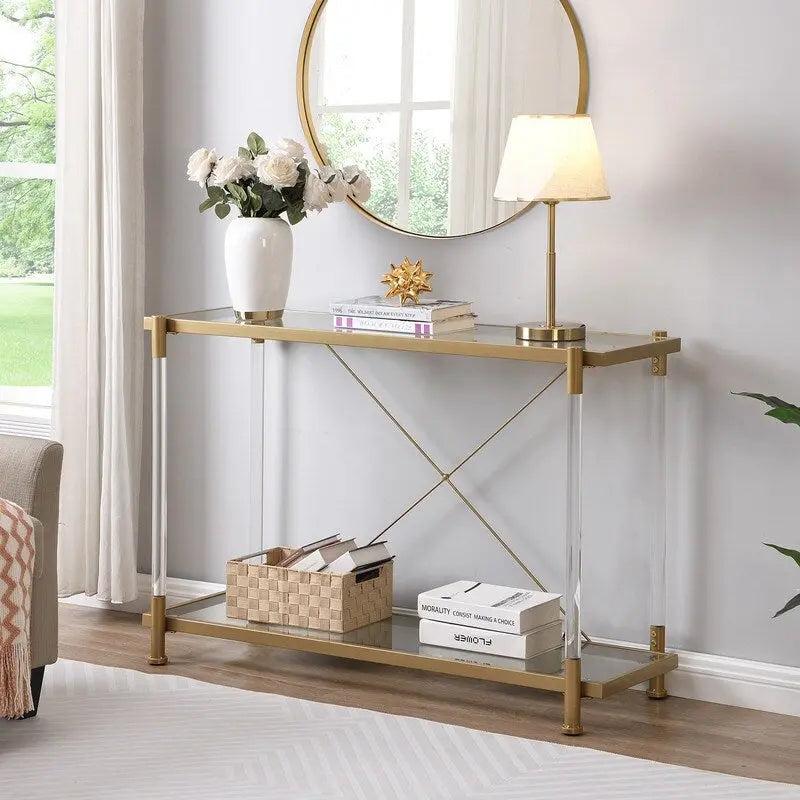 Grondin Modern Contemporary 2-Tier Console Table with Tempered Glass Top, Bottom Shelf, Steel and Acrylic Frame