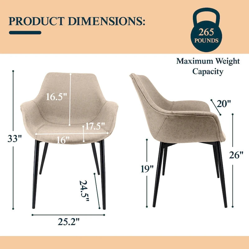 LeisureMod Dining Arm Chair With Metal Legs Set of 2 - Olive Green - 24.5Dx25.2Wx33H