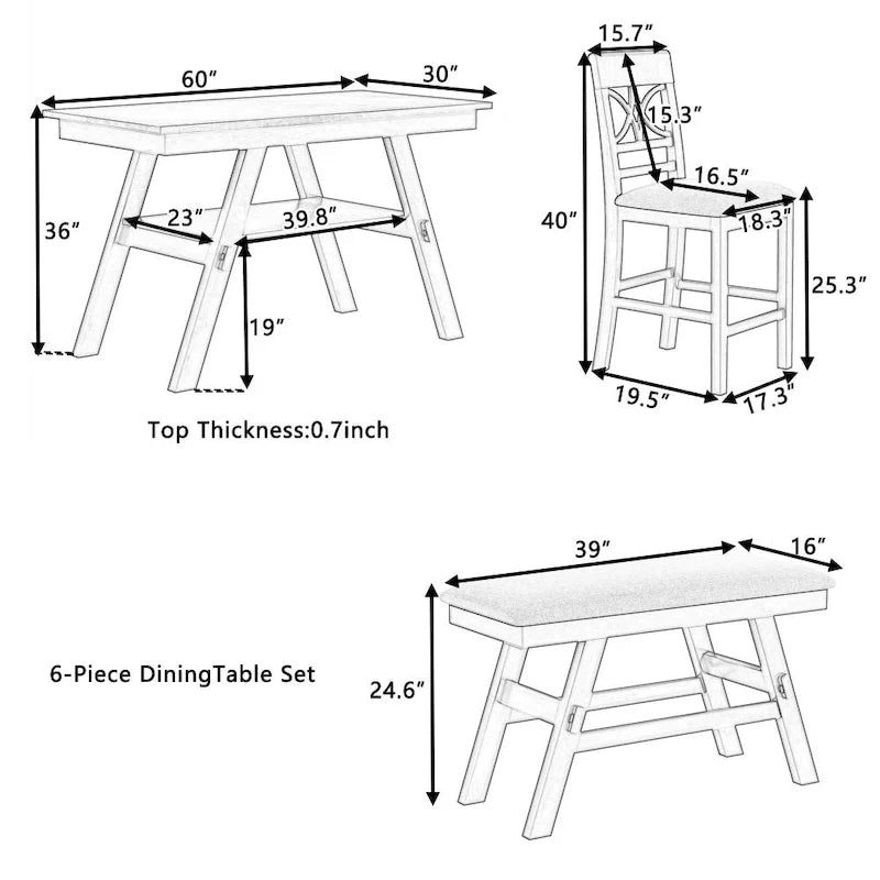 6-Piece Wood Counter Height Dining Table Set with Storage Shelf