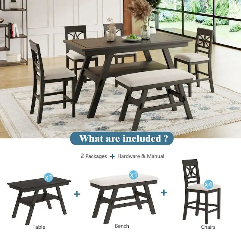 6-Piece Wood Counter Height Dining Table Set with Storage Shelf