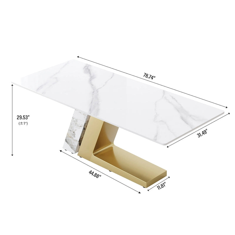 Modern Slate Kitchen Dining Table with White Rectangle Sintered Stone Top and Metal Legs -- 63/71/79