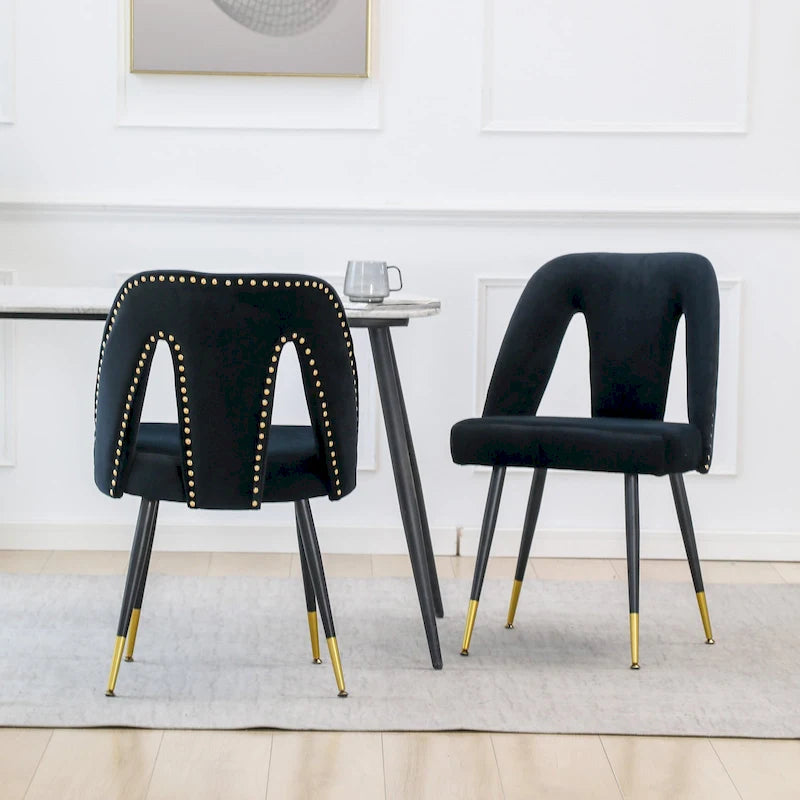 Set of 2 Velvet Upholstered Dining Chair with Nailheads and Metal Legs