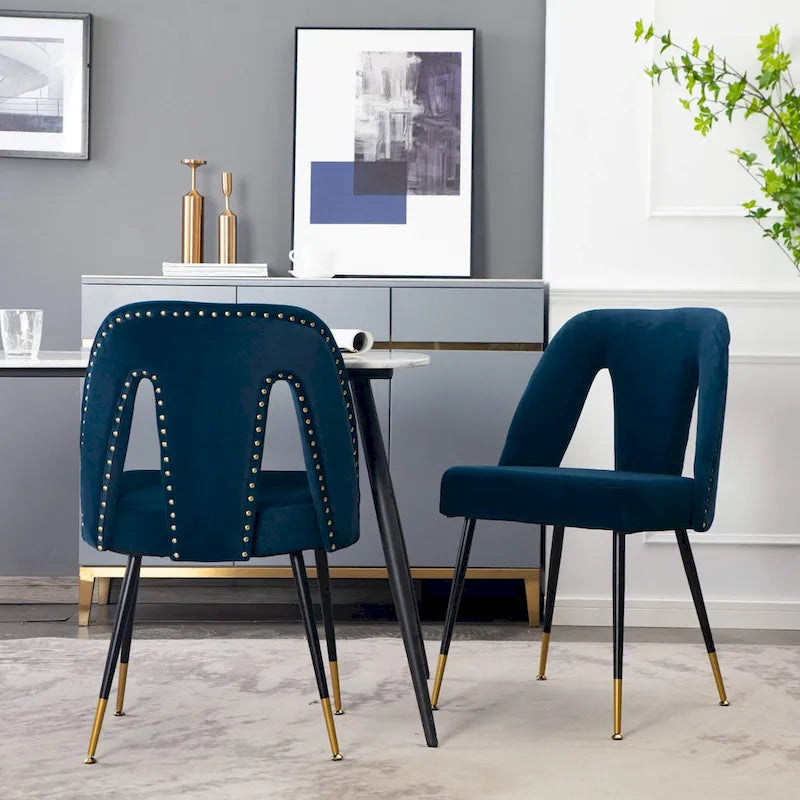Set of 2 Velvet Upholstered Dining Chair with Nailheads and Metal Legs