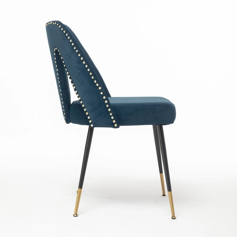 Set of 2 Velvet Upholstered Dining Chair with Nailheads and Metal Legs