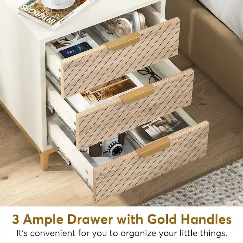 White and Gold Night Stands for Bedrooms Light Wood Grain Nightstands with 3 Drawers