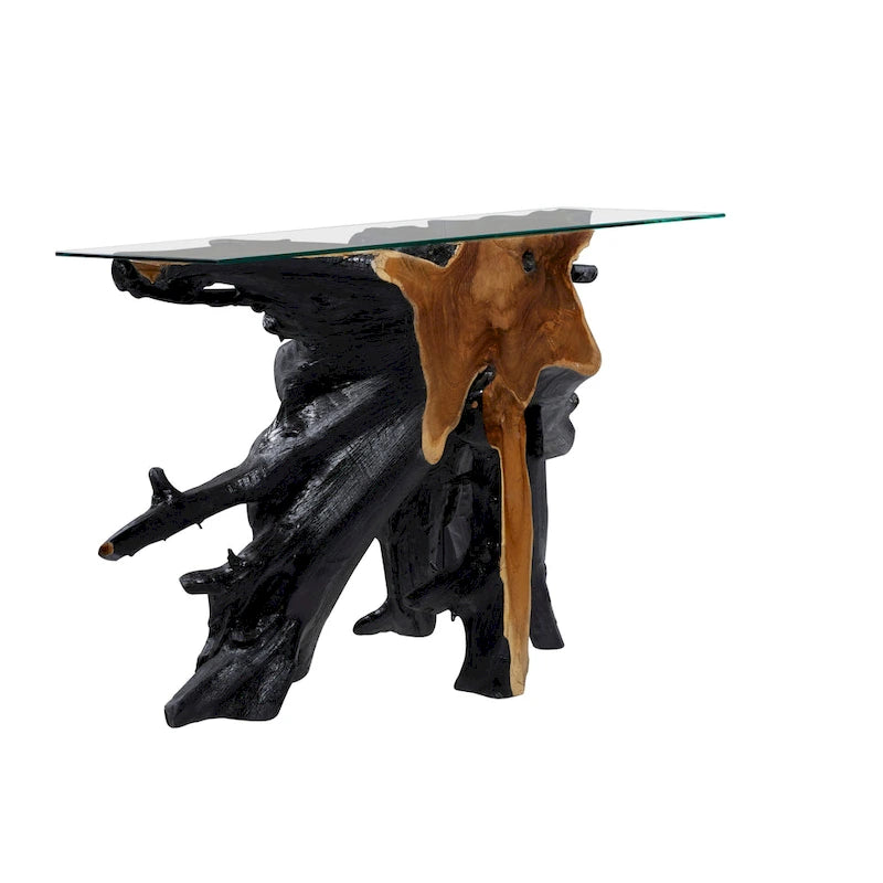 Teak Wood Live Edge Tree Stump Console Table with Clear Glass Top - Black - Roche River Decor - 16W x 49L x 32H