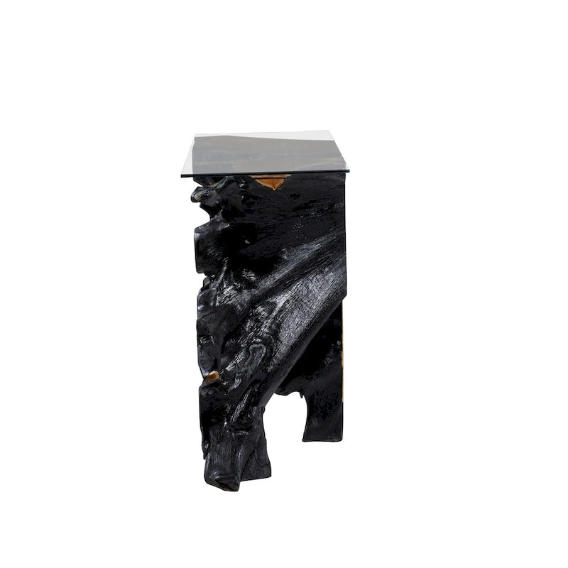 Teak Wood Live Edge Tree Stump Console Table with Clear Glass Top - Black - Roche River Decor - 16W x 49L x 32H